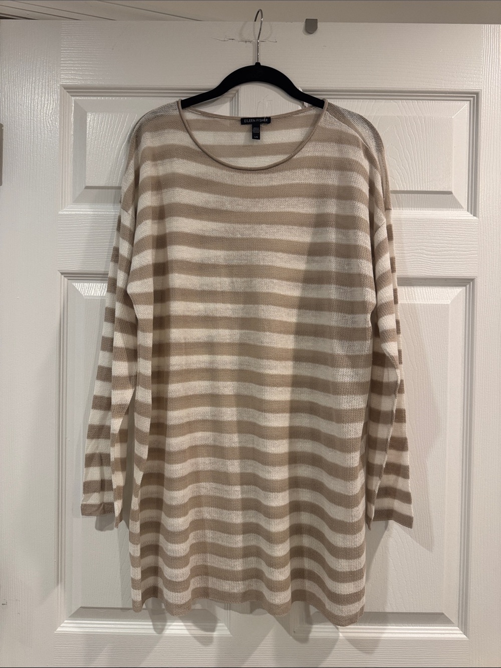 Eileen Fisher Beige and Cream Striped Crewneck Sweater
